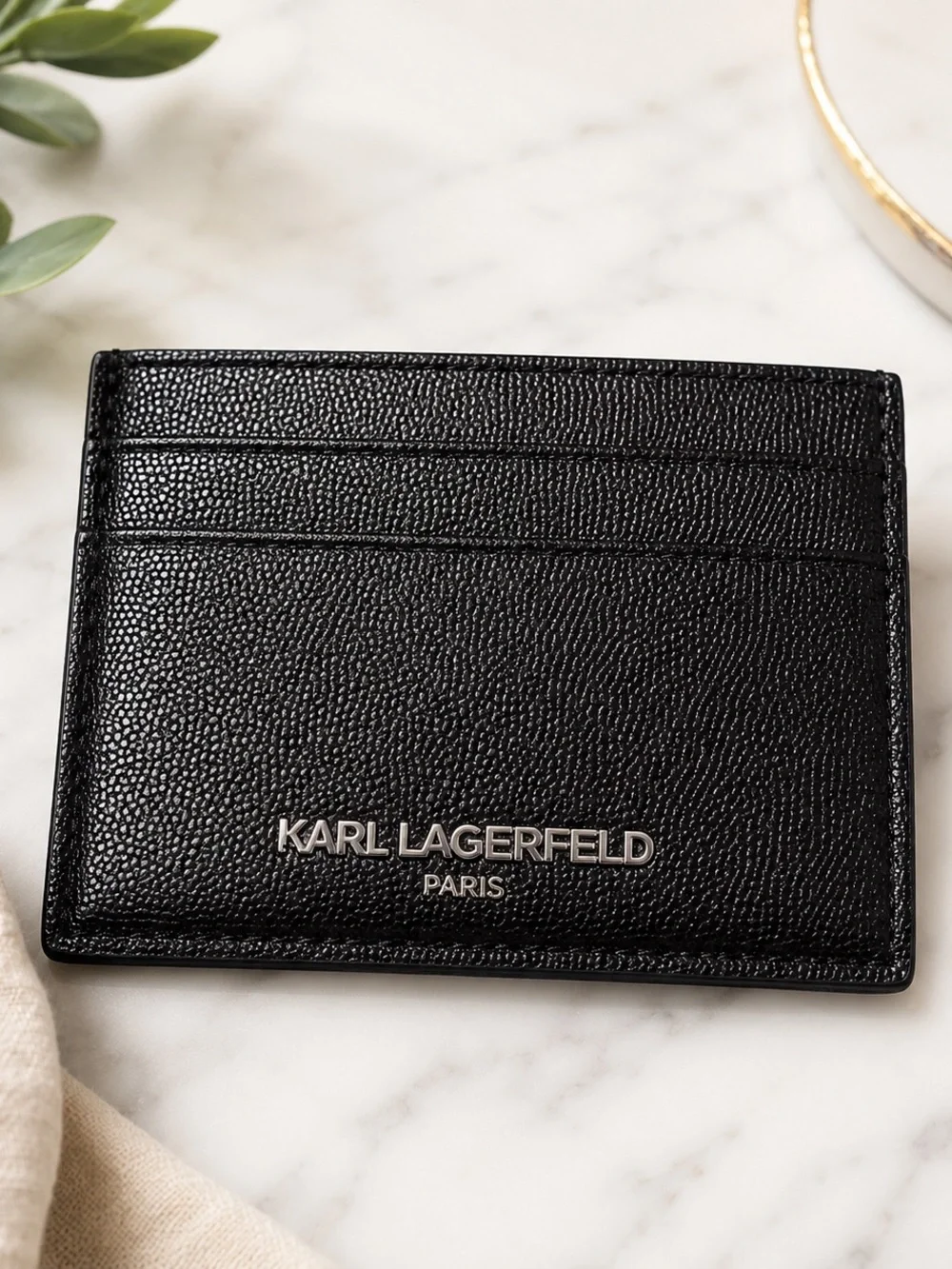 Karl Lagerfeld Black Pebbled Leather Cardholder with Silver KL Logo